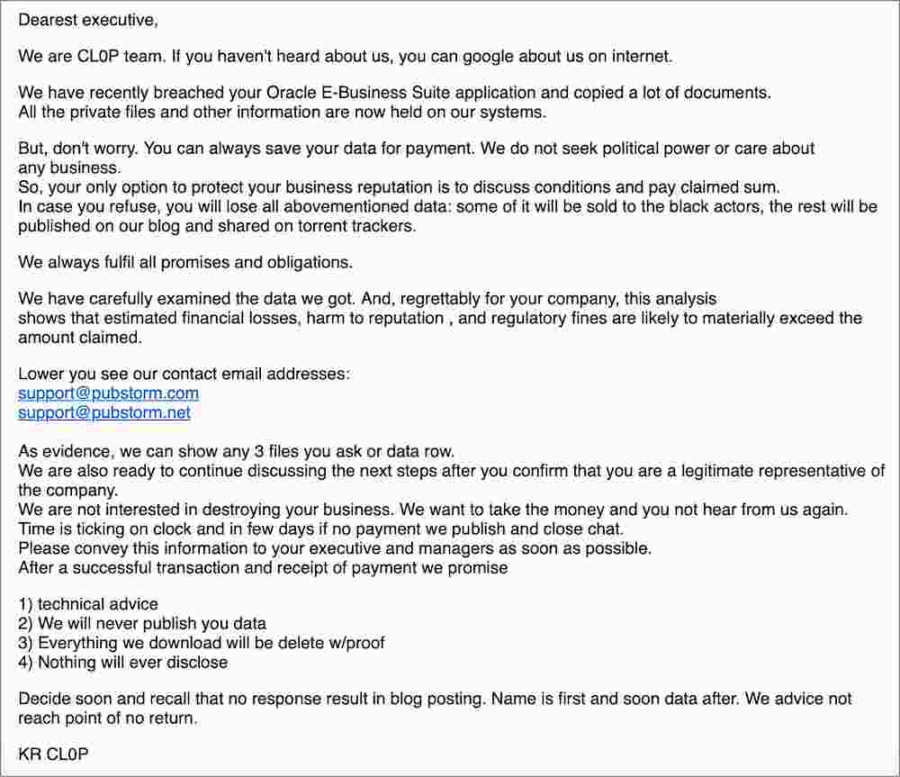 오라클 고객에게 발송된 클롭 갈취 이메일 | image© BleepingComputer